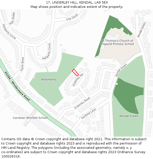 17, UNDERLEY HILL, KENDAL, LA9 5EX: Location map and indicative extent of plot