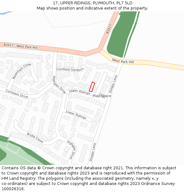 17, UPPER RIDINGS, PLYMOUTH, PL7 5LD: Location map and indicative extent of plot