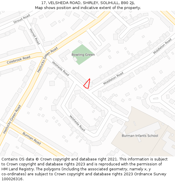 17, VELSHEDA ROAD, SHIRLEY, SOLIHULL, B90 2JL: Location map and indicative extent of plot