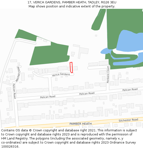 17, VERICA GARDENS, PAMBER HEATH, TADLEY, RG26 3EU: Location map and indicative extent of plot