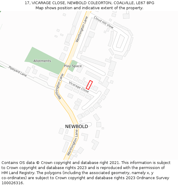 17, VICARAGE CLOSE, NEWBOLD COLEORTON, COALVILLE, LE67 8PG: Location map and indicative extent of plot