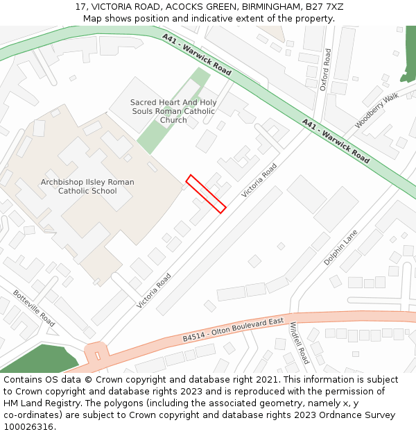 17, VICTORIA ROAD, ACOCKS GREEN, BIRMINGHAM, B27 7XZ: Location map and indicative extent of plot