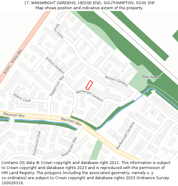 17, WAINWRIGHT GARDENS, HEDGE END, SOUTHAMPTON, SO30 2NF: Location map and indicative extent of plot