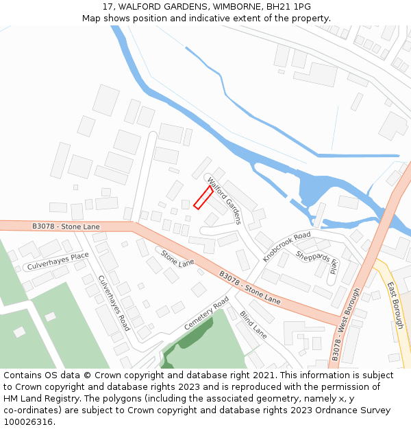 17, WALFORD GARDENS, WIMBORNE, BH21 1PG: Location map and indicative extent of plot