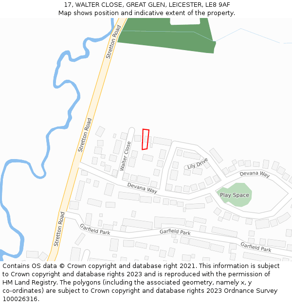 17, WALTER CLOSE, GREAT GLEN, LEICESTER, LE8 9AF: Location map and indicative extent of plot