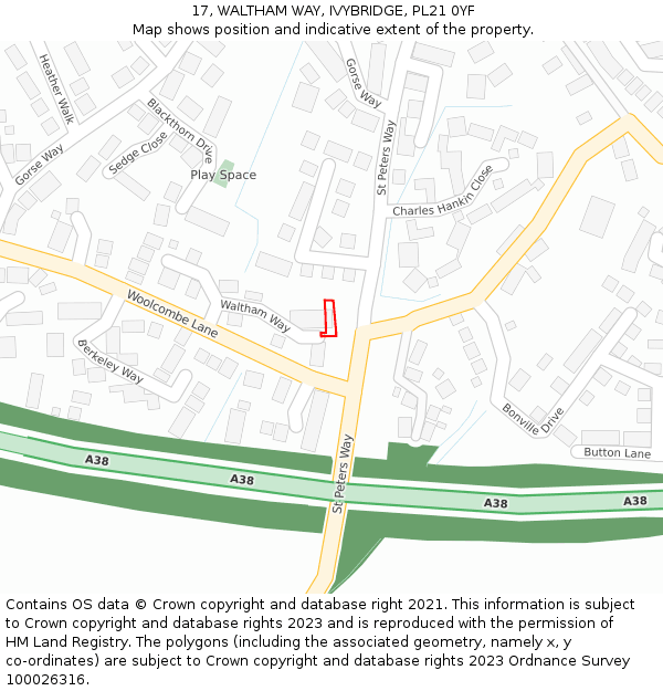 17, WALTHAM WAY, IVYBRIDGE, PL21 0YF: Location map and indicative extent of plot