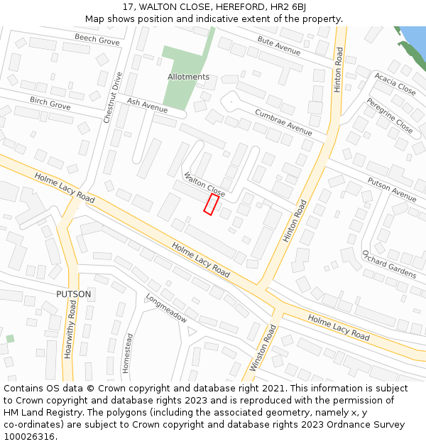 17, WALTON CLOSE, HEREFORD, HR2 6BJ: Location map and indicative extent of plot