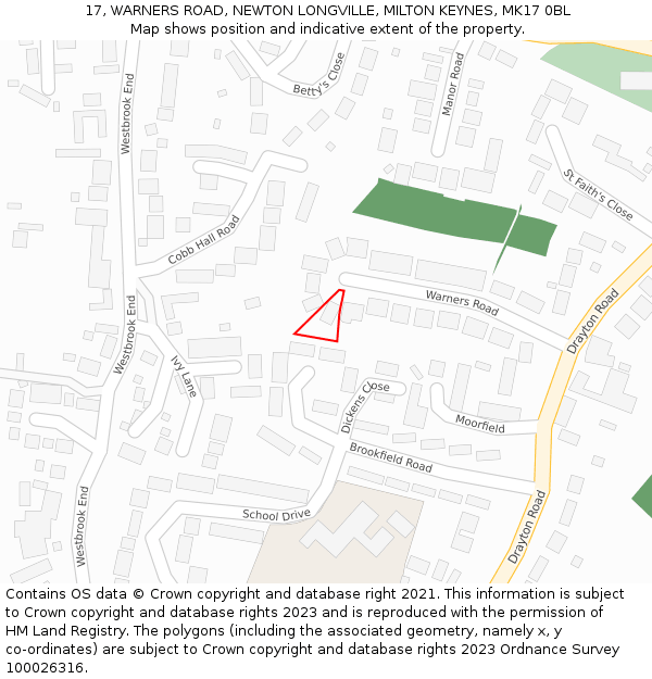 17, WARNERS ROAD, NEWTON LONGVILLE, MILTON KEYNES, MK17 0BL: Location map and indicative extent of plot