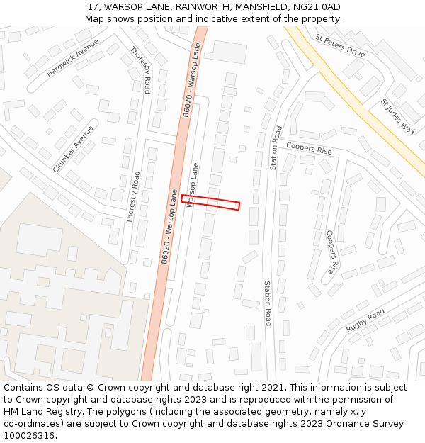 17, WARSOP LANE, RAINWORTH, MANSFIELD, NG21 0AD: Location map and indicative extent of plot