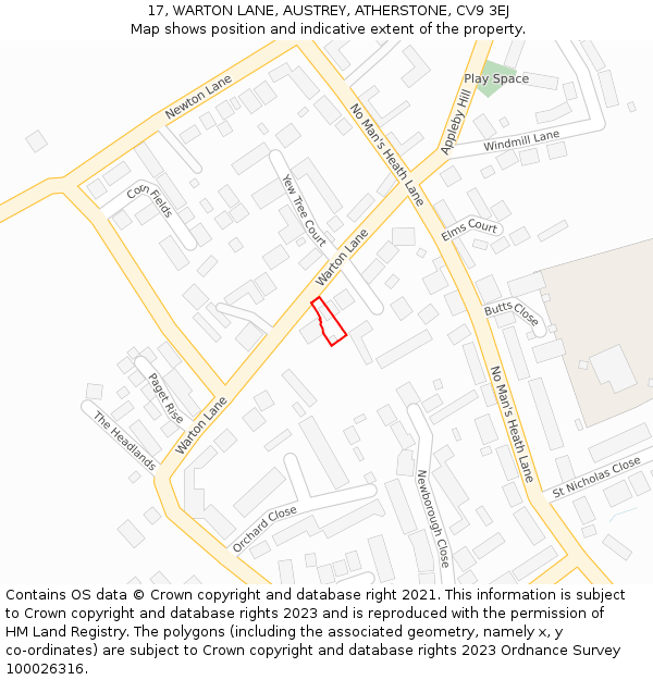 17, WARTON LANE, AUSTREY, ATHERSTONE, CV9 3EJ: Location map and indicative extent of plot