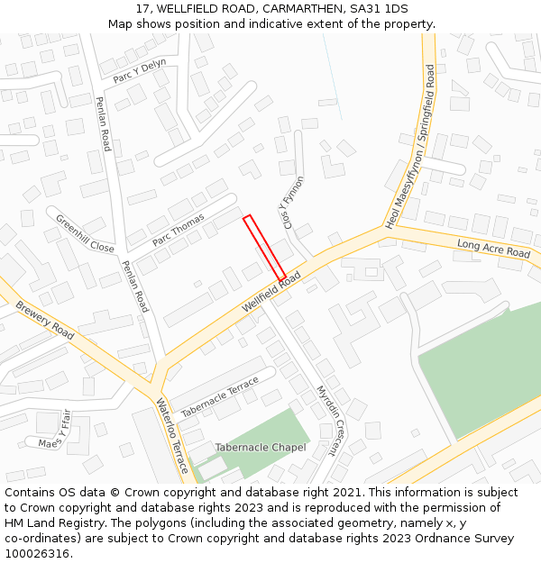 17, WELLFIELD ROAD, CARMARTHEN, SA31 1DS: Location map and indicative extent of plot