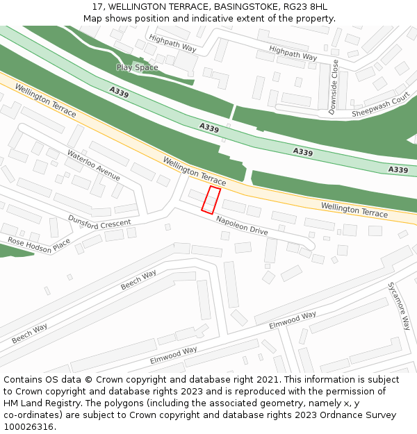 17, WELLINGTON TERRACE, BASINGSTOKE, RG23 8HL: Location map and indicative extent of plot