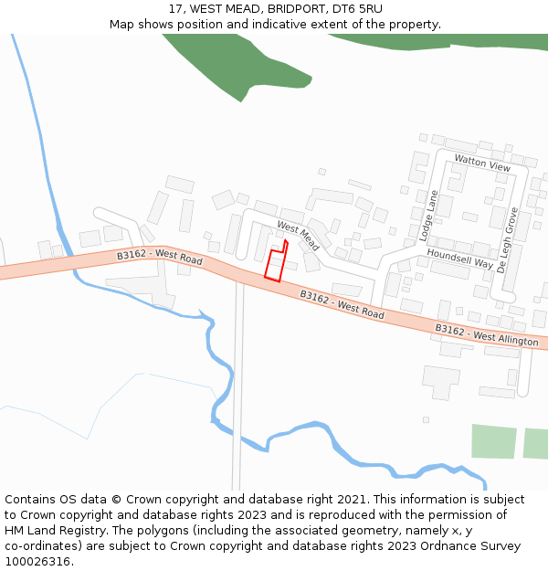 17, WEST MEAD, BRIDPORT, DT6 5RU: Location map and indicative extent of plot