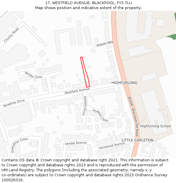 17, WESTFIELD AVENUE, BLACKPOOL, FY3 7LU: Location map and indicative extent of plot