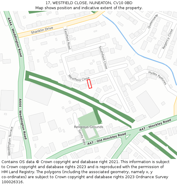 17, WESTFIELD CLOSE, NUNEATON, CV10 0BD: Location map and indicative extent of plot