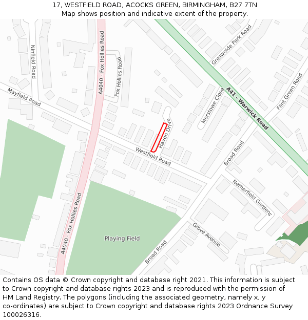 17, WESTFIELD ROAD, ACOCKS GREEN, BIRMINGHAM, B27 7TN: Location map and indicative extent of plot