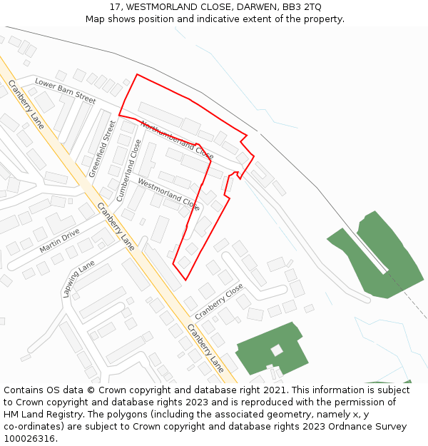 17, WESTMORLAND CLOSE, DARWEN, BB3 2TQ: Location map and indicative extent of plot