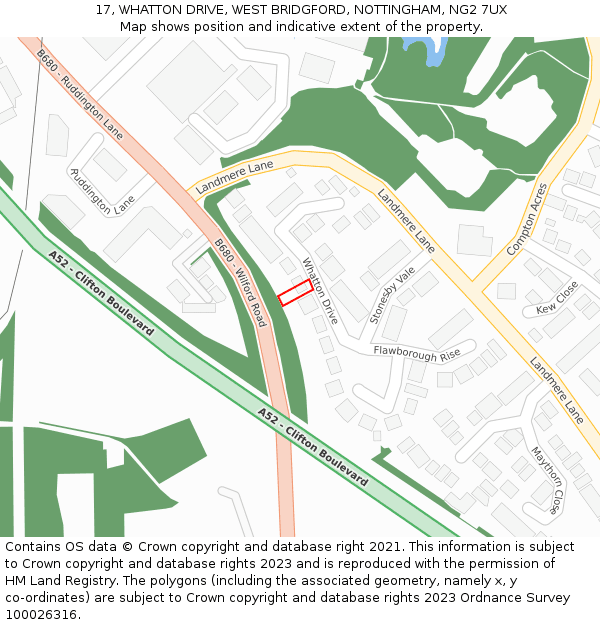 17, WHATTON DRIVE, WEST BRIDGFORD, NOTTINGHAM, NG2 7UX: Location map and indicative extent of plot