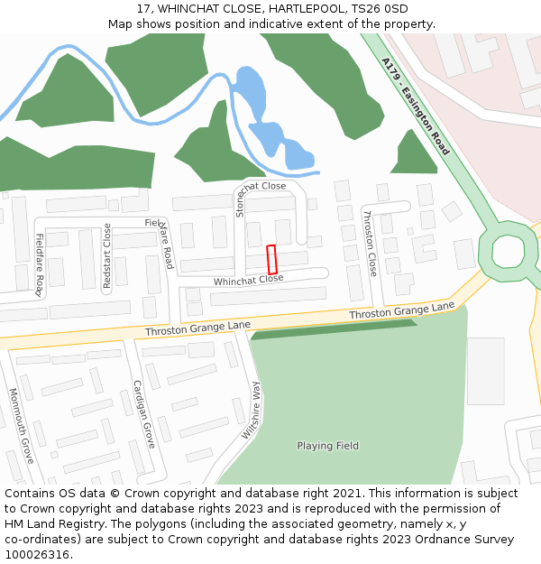 17, WHINCHAT CLOSE, HARTLEPOOL, TS26 0SD: Location map and indicative extent of plot