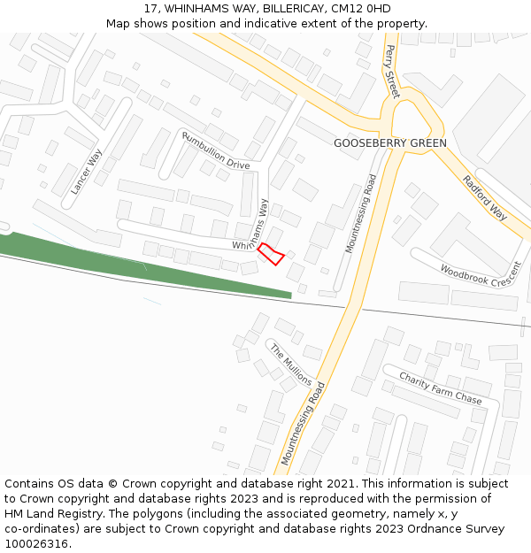 17, WHINHAMS WAY, BILLERICAY, CM12 0HD: Location map and indicative extent of plot