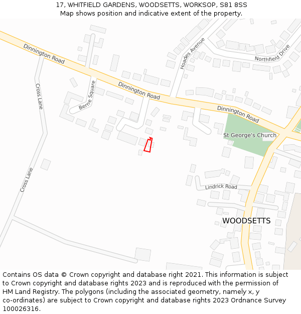 17, WHITFIELD GARDENS, WOODSETTS, WORKSOP, S81 8SS: Location map and indicative extent of plot