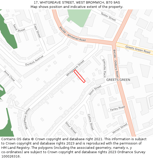 17, WHITGREAVE STREET, WEST BROMWICH, B70 9AS: Location map and indicative extent of plot