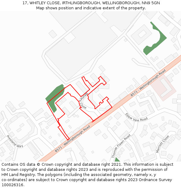 17, WHITLEY CLOSE, IRTHLINGBOROUGH, WELLINGBOROUGH, NN9 5GN: Location map and indicative extent of plot