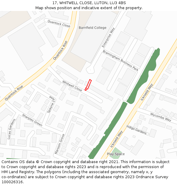 17, WHITWELL CLOSE, LUTON, LU3 4BS: Location map and indicative extent of plot