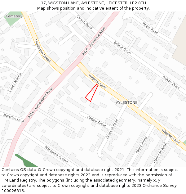 17, WIGSTON LANE, AYLESTONE, LEICESTER, LE2 8TH: Location map and indicative extent of plot