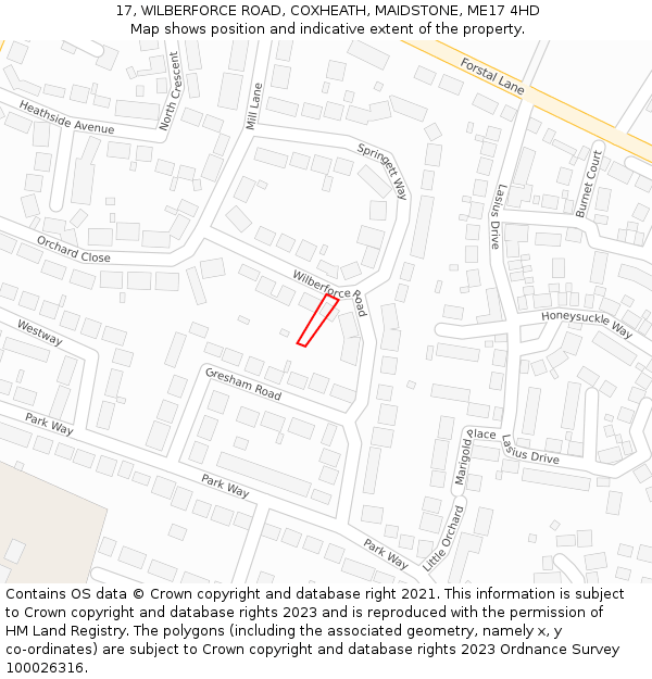 17, WILBERFORCE ROAD, COXHEATH, MAIDSTONE, ME17 4HD: Location map and indicative extent of plot