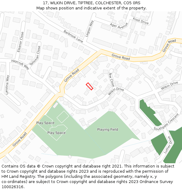 17, WILKIN DRIVE, TIPTREE, COLCHESTER, CO5 0RS: Location map and indicative extent of plot