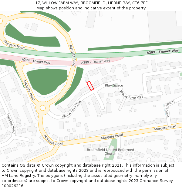 17, WILLOW FARM WAY, BROOMFIELD, HERNE BAY, CT6 7PF: Location map and indicative extent of plot