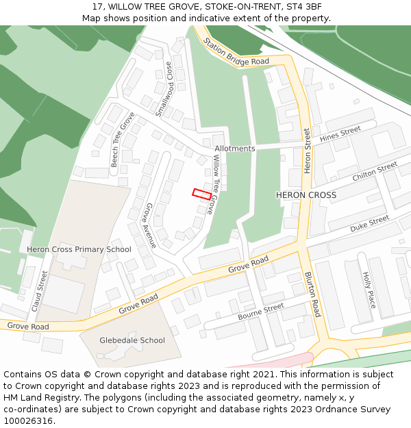 17, WILLOW TREE GROVE, STOKE-ON-TRENT, ST4 3BF: Location map and indicative extent of plot