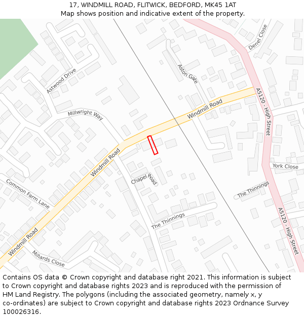 17, WINDMILL ROAD, FLITWICK, BEDFORD, MK45 1AT: Location map and indicative extent of plot