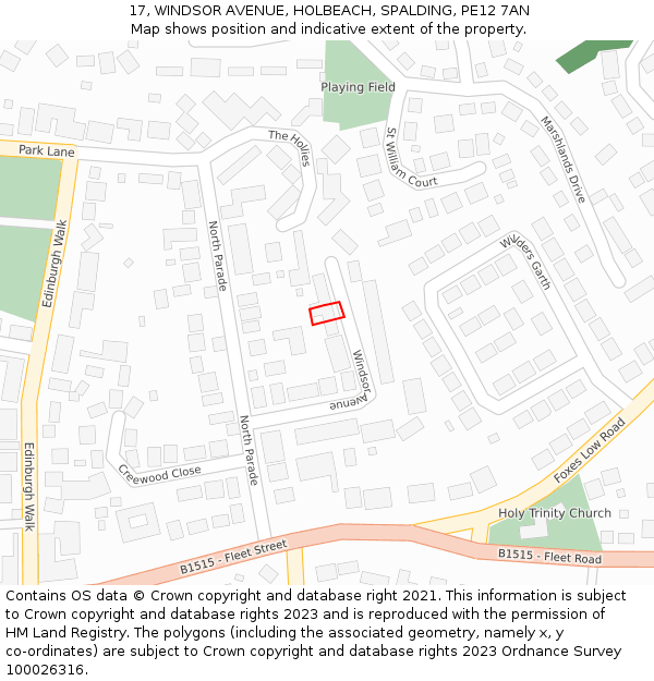 17, WINDSOR AVENUE, HOLBEACH, SPALDING, PE12 7AN: Location map and indicative extent of plot