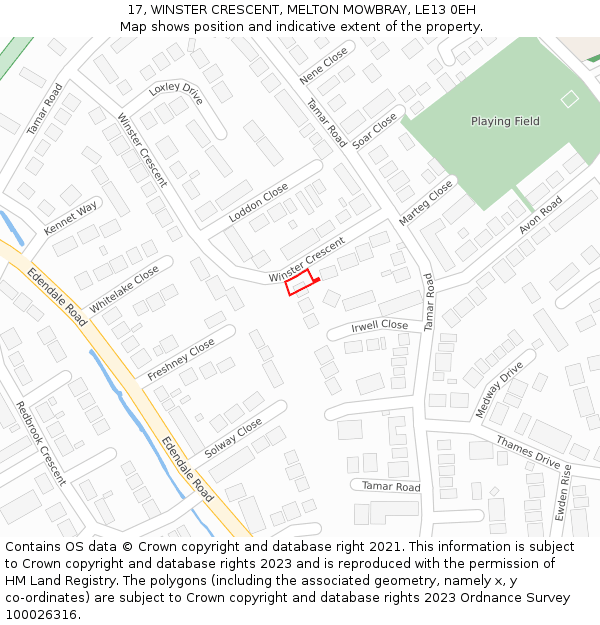 17, WINSTER CRESCENT, MELTON MOWBRAY, LE13 0EH: Location map and indicative extent of plot