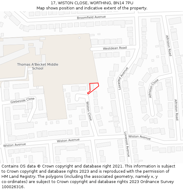 17, WISTON CLOSE, WORTHING, BN14 7PU: Location map and indicative extent of plot