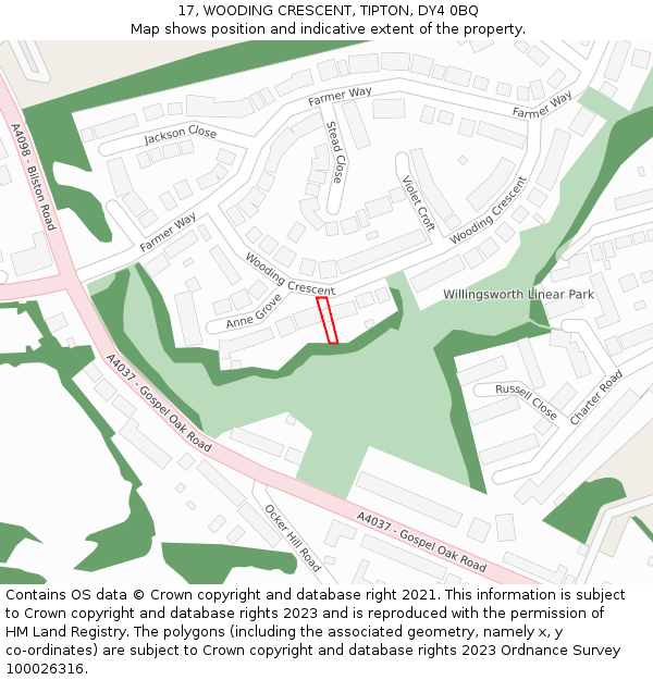 17, WOODING CRESCENT, TIPTON, DY4 0BQ: Location map and indicative extent of plot