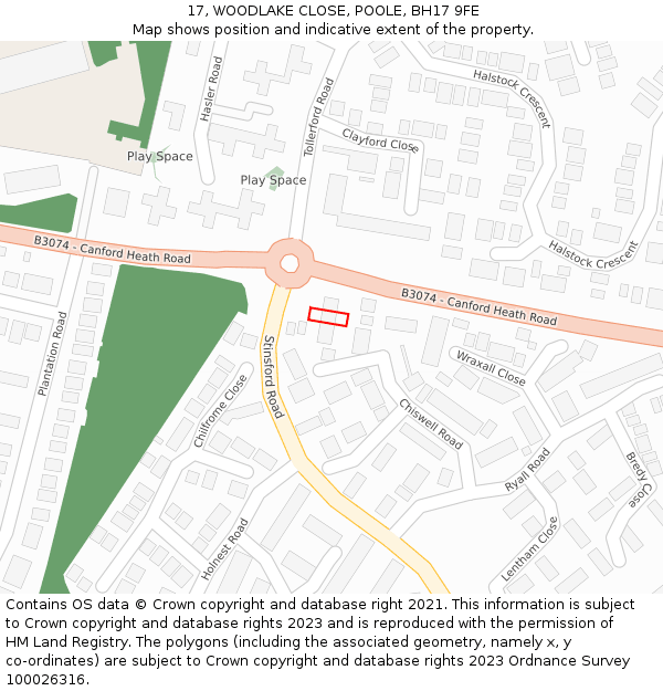 17, WOODLAKE CLOSE, POOLE, BH17 9FE: Location map and indicative extent of plot