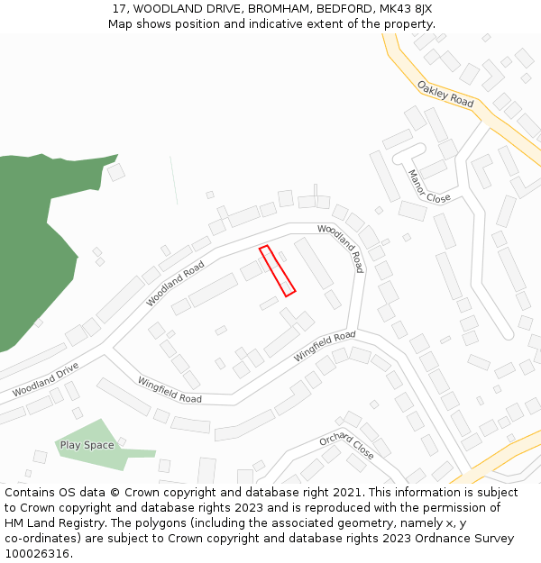 17, WOODLAND DRIVE, BROMHAM, BEDFORD, MK43 8JX: Location map and indicative extent of plot