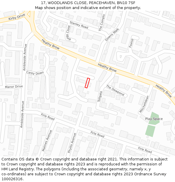 17, WOODLANDS CLOSE, PEACEHAVEN, BN10 7SF: Location map and indicative extent of plot