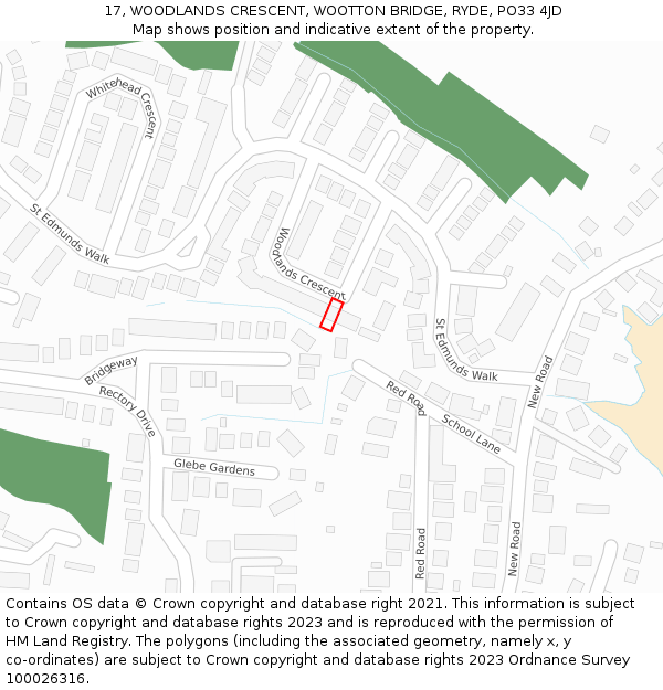 17, WOODLANDS CRESCENT, WOOTTON BRIDGE, RYDE, PO33 4JD: Location map and indicative extent of plot