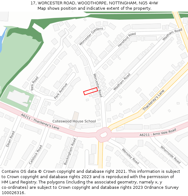 17, WORCESTER ROAD, WOODTHORPE, NOTTINGHAM, NG5 4HW: Location map and indicative extent of plot