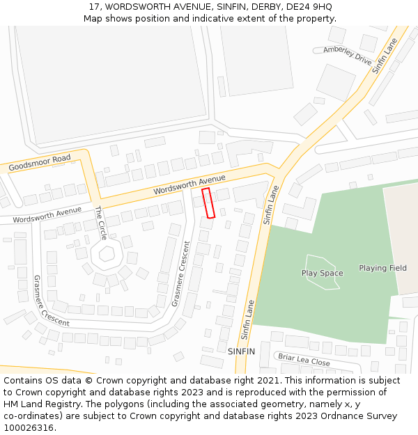 17, WORDSWORTH AVENUE, SINFIN, DERBY, DE24 9HQ: Location map and indicative extent of plot