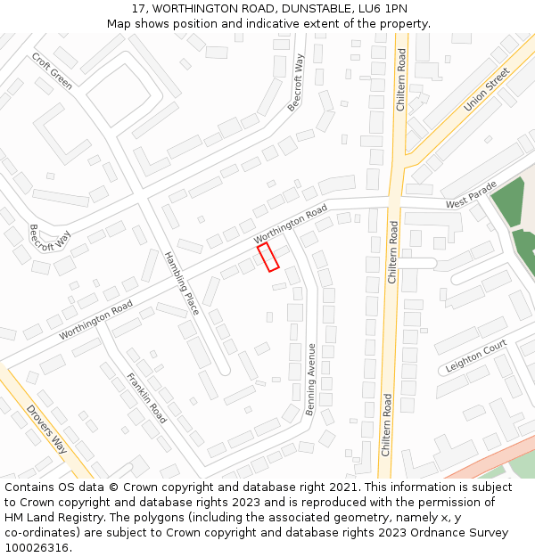 17, WORTHINGTON ROAD, DUNSTABLE, LU6 1PN: Location map and indicative extent of plot