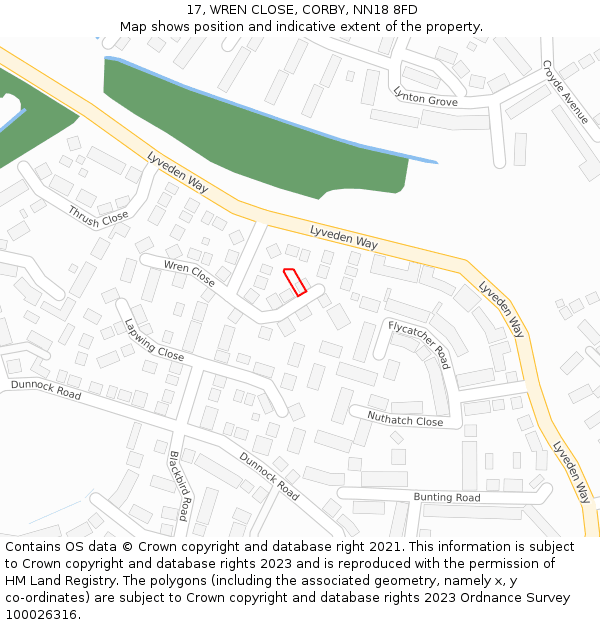 17, WREN CLOSE, CORBY, NN18 8FD: Location map and indicative extent of plot