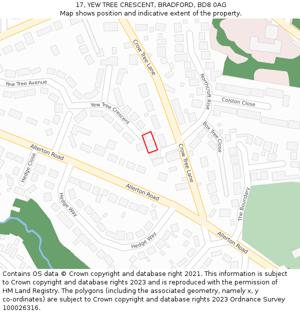 17, YEW TREE CRESCENT, BRADFORD, BD8 0AG: Location map and indicative extent of plot