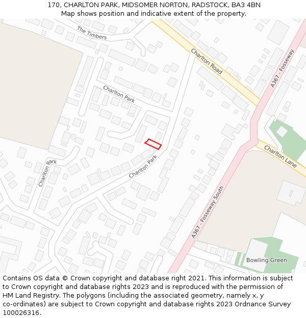 170, CHARLTON PARK, MIDSOMER NORTON, RADSTOCK, BA3 4BN: Location map and indicative extent of plot