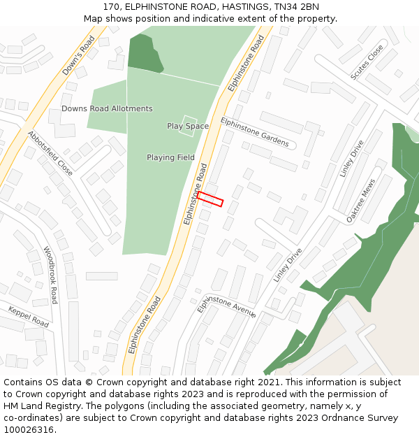 170, ELPHINSTONE ROAD, HASTINGS, TN34 2BN: Location map and indicative extent of plot