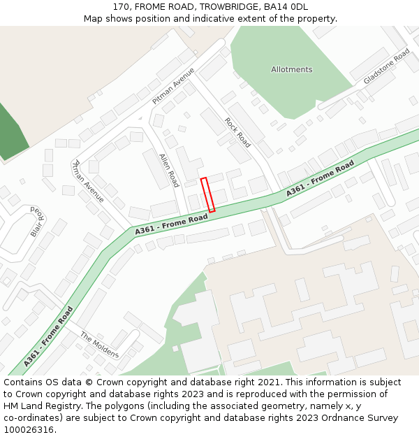 170, FROME ROAD, TROWBRIDGE, BA14 0DL: Location map and indicative extent of plot